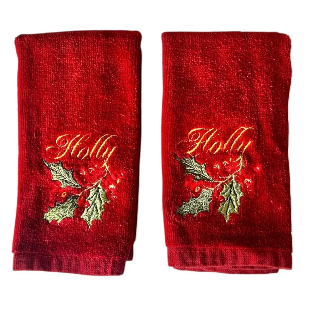 Set Of 2 Red Christmas Hand Towels With Embroidered Holly Leaves & Berries 15.5”